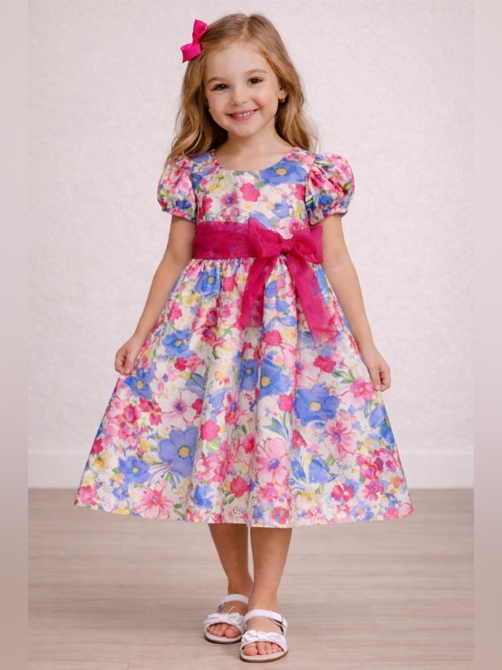 Ashley Ann Girls Floral Party Dress 4T Pink Blue Easter Spring Bow Waist Dress